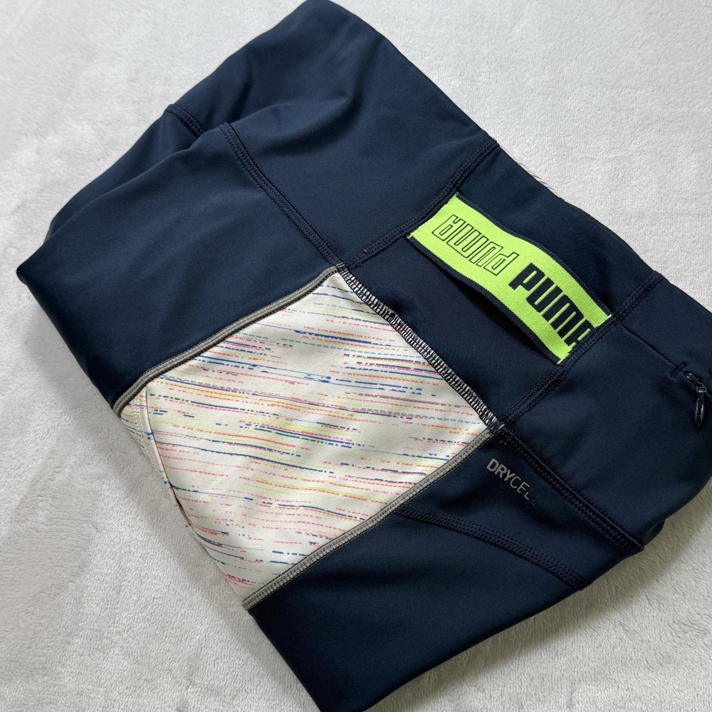 Puma Womens Athletic Leggings Medium Blue Printed Neon Stripe Side Panels